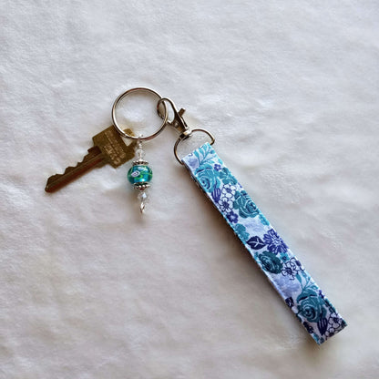 Teal Flowers Key Fob, wristlet