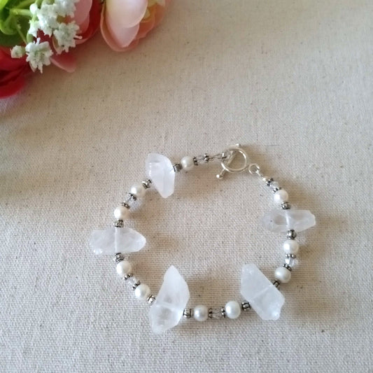 Clear Crystal Nugget, and Freshwater Pearl Bracelet.
